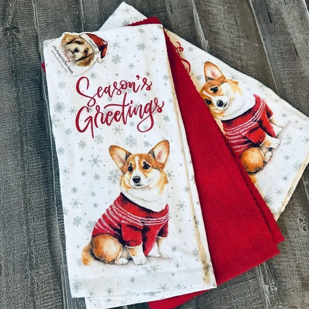 Corgi Dog Christmas Holiday Season’s Greetings 3-pc Dish Towels